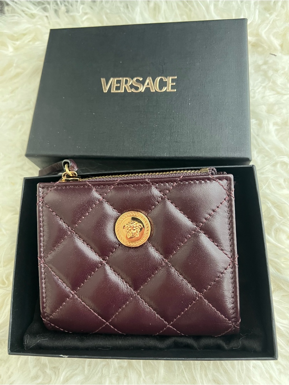 Versace La Medusa Burgundy Quilted Leather Bifold Compact Wallet
